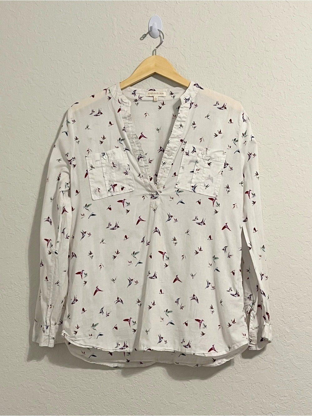 Eden & Olivia Bird Print Blouse Large Roll Tab Sleeve Teacher Birdwatcher